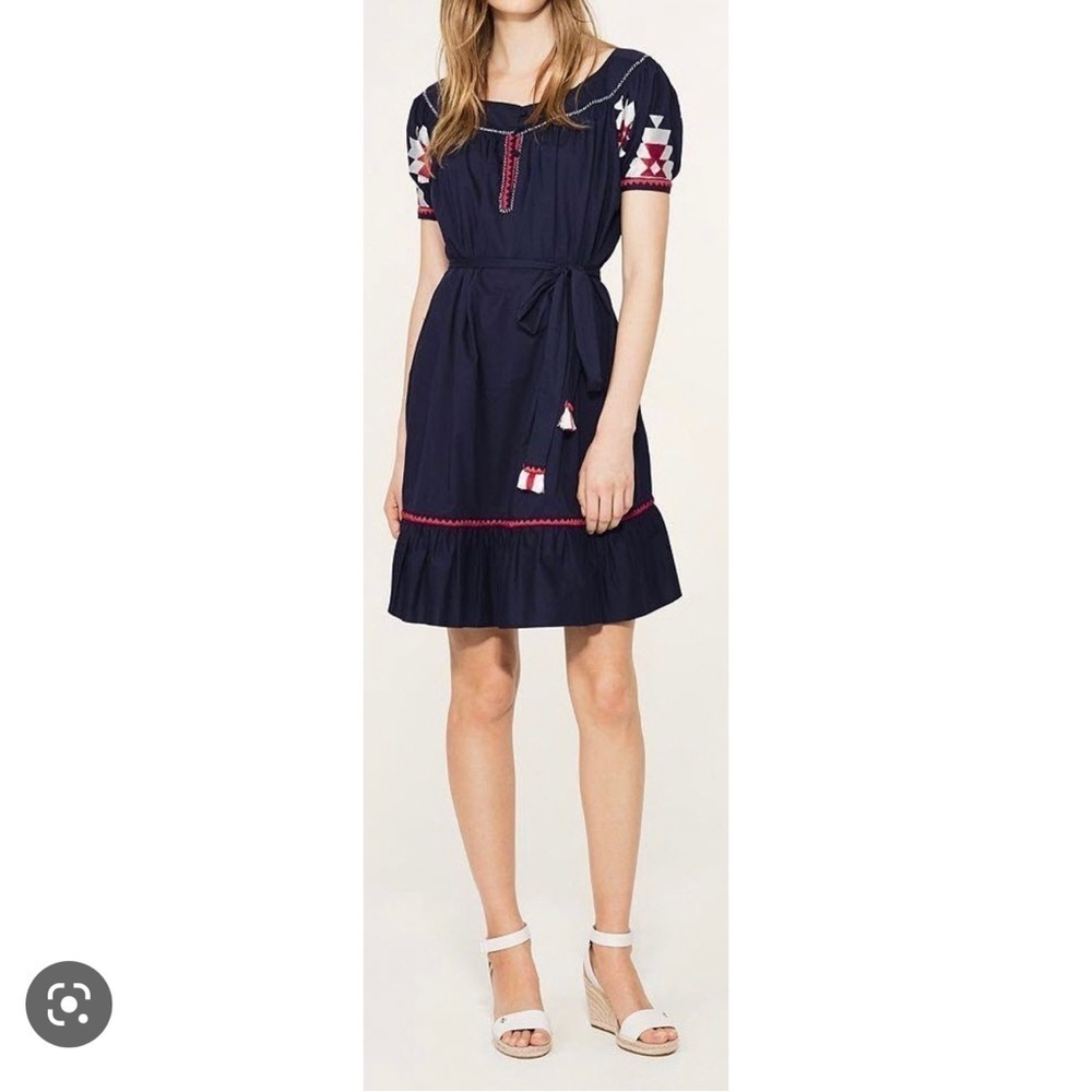 Tory Burch embroidered mini dress size 4 navy blue